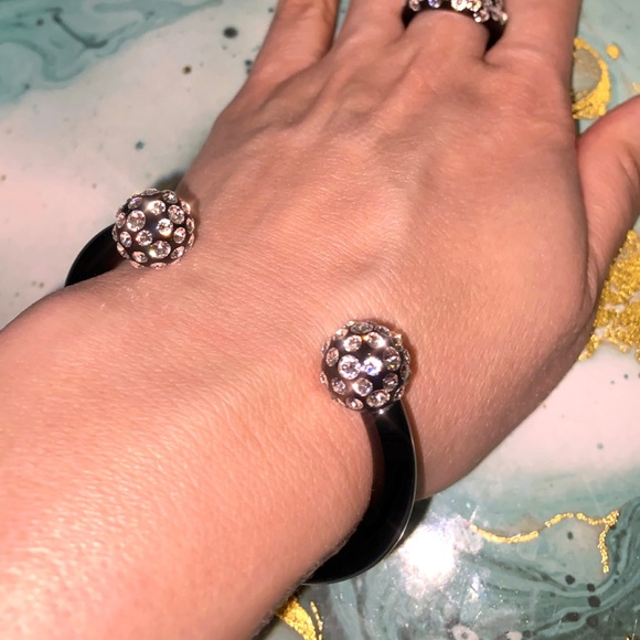 Trendy Black Acrylic Cuff Bracelet, Double Ball End Crystal Rhinestone Cuff, New - Picture 8 of 8